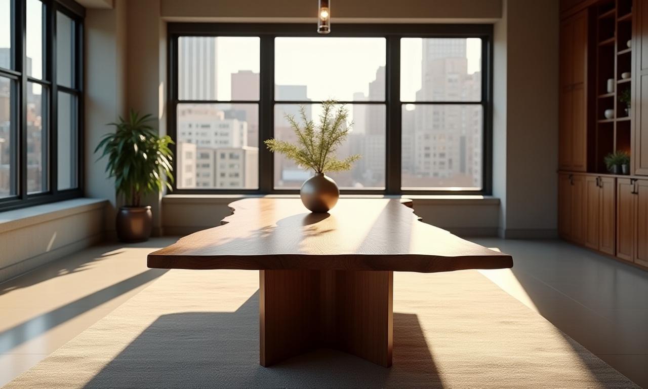Bespoke walnut dining table in a sunlit NYC loft