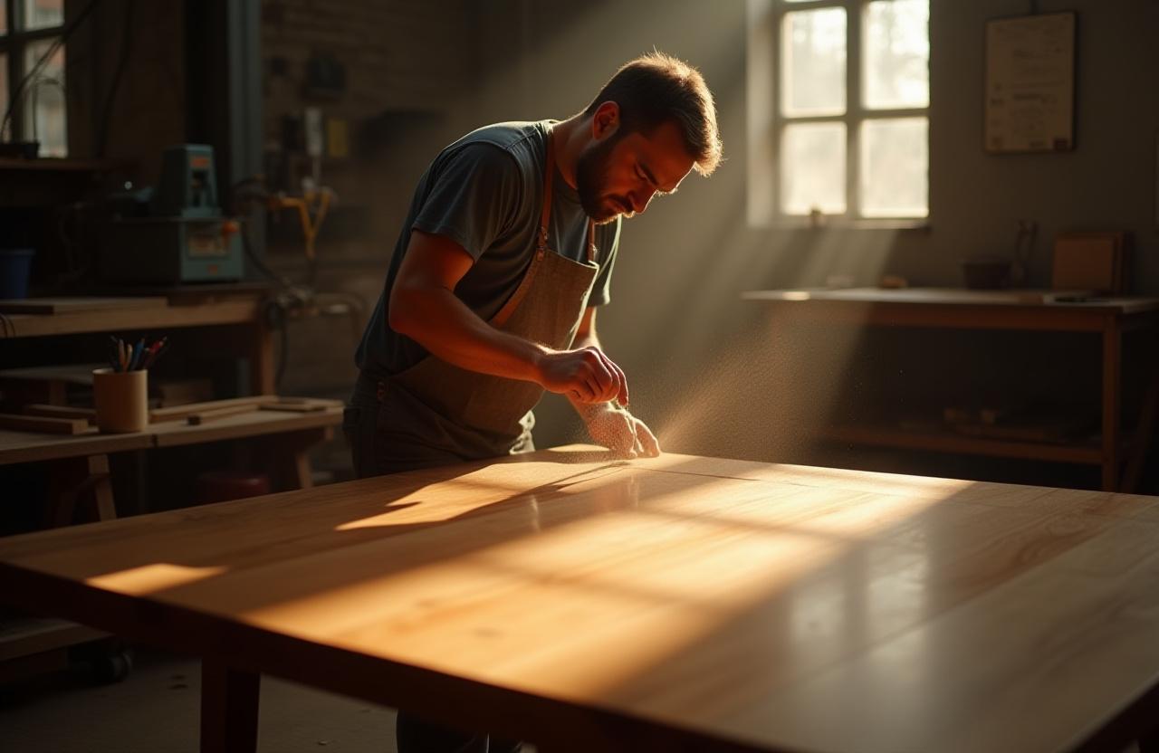 Artisan working on a bespoke wood table in a sunlit workshop