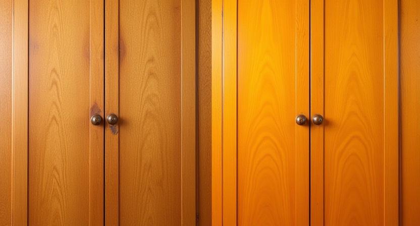 Before and after of a restored oak armoire side-by-side