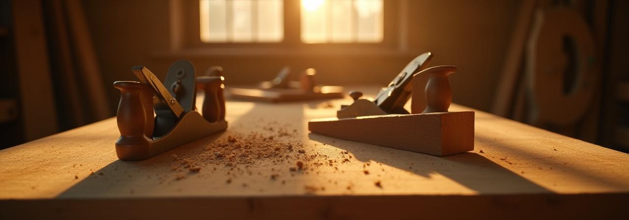 Close up of wood grain and artisan tools