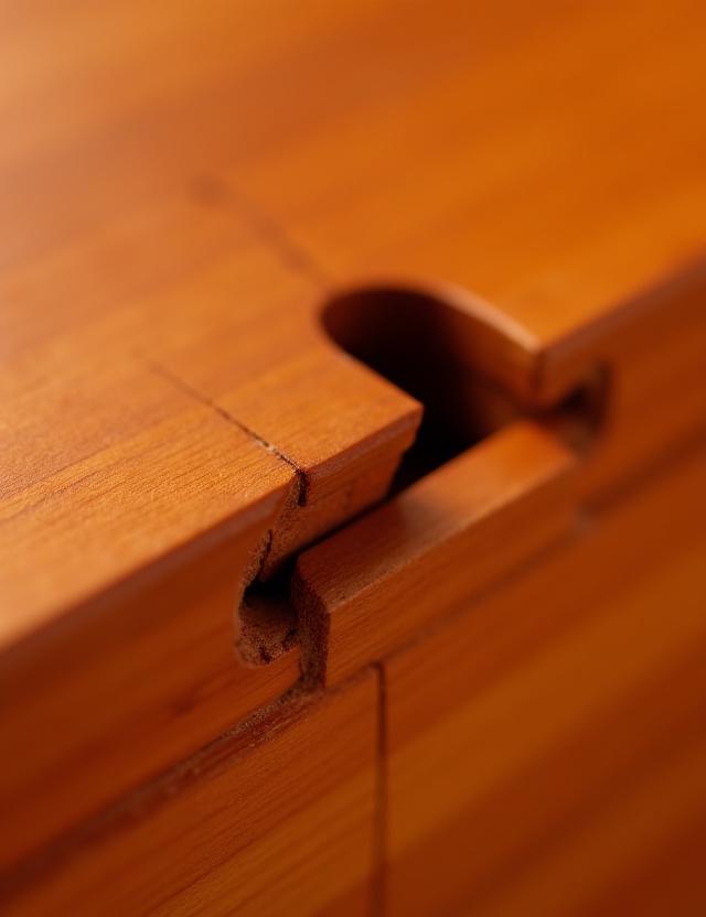 Close up of intricate dovetail joinery in cherry wood